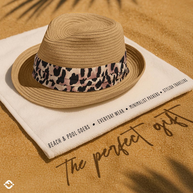 Funky Junque Women's Summer Fashion Straw Fedora Hat, UPF 50+ Adjustable Short Brim Sun Hat - Leopard Band - Natural - Image 5